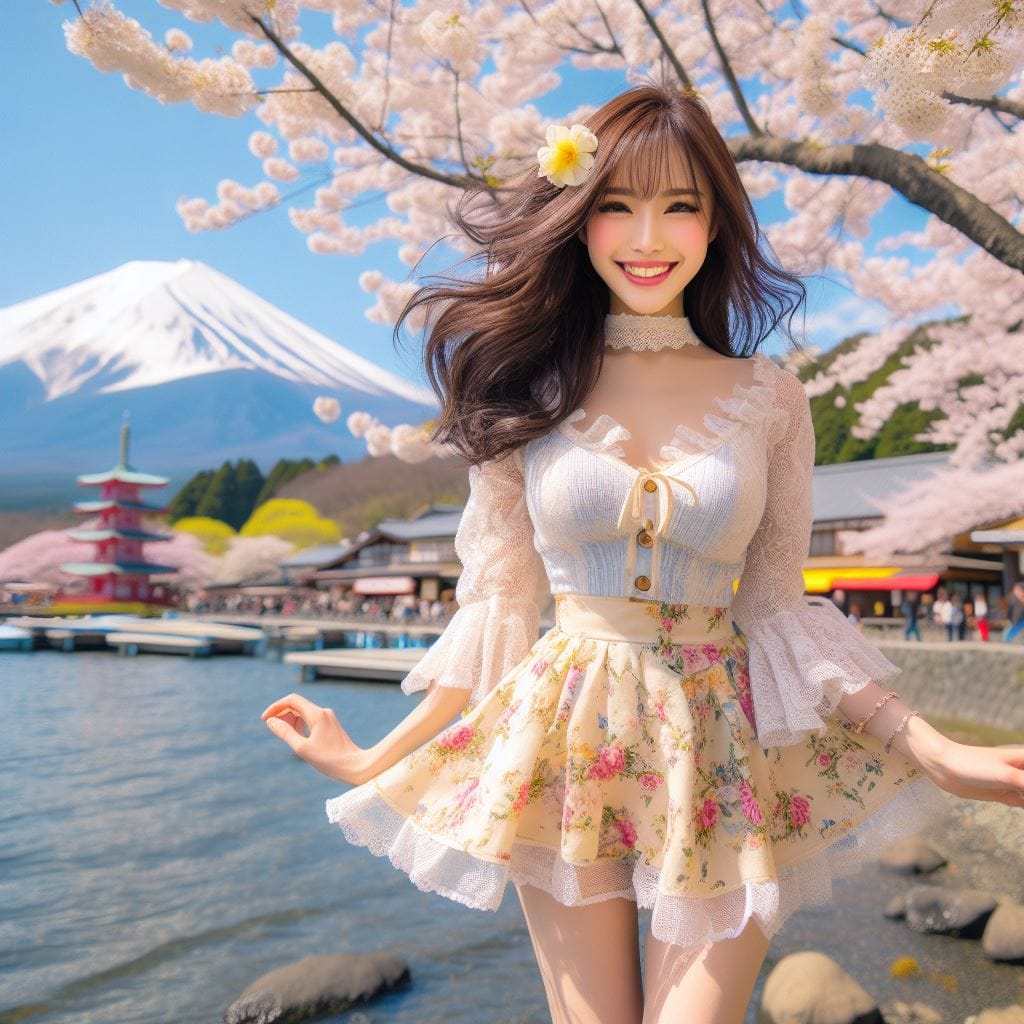A girl went to Japan to enjoy the cherry blossoms at Lake Kawaguchi. The lakes and mountains of Mount Fuji are so beautiful.
 – Larose.VIP