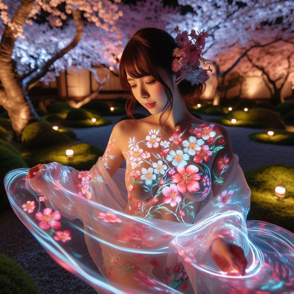 Girl admiring night cherry blossoms
 – Larose.VIP