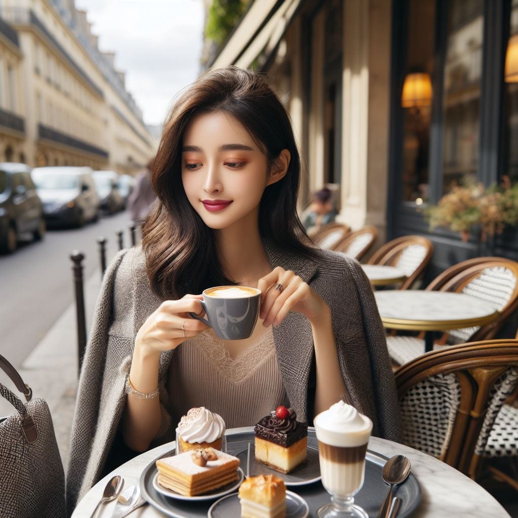 Girls enjoy coffee and desserts in a Paris street cafe
 – Larose.VIP