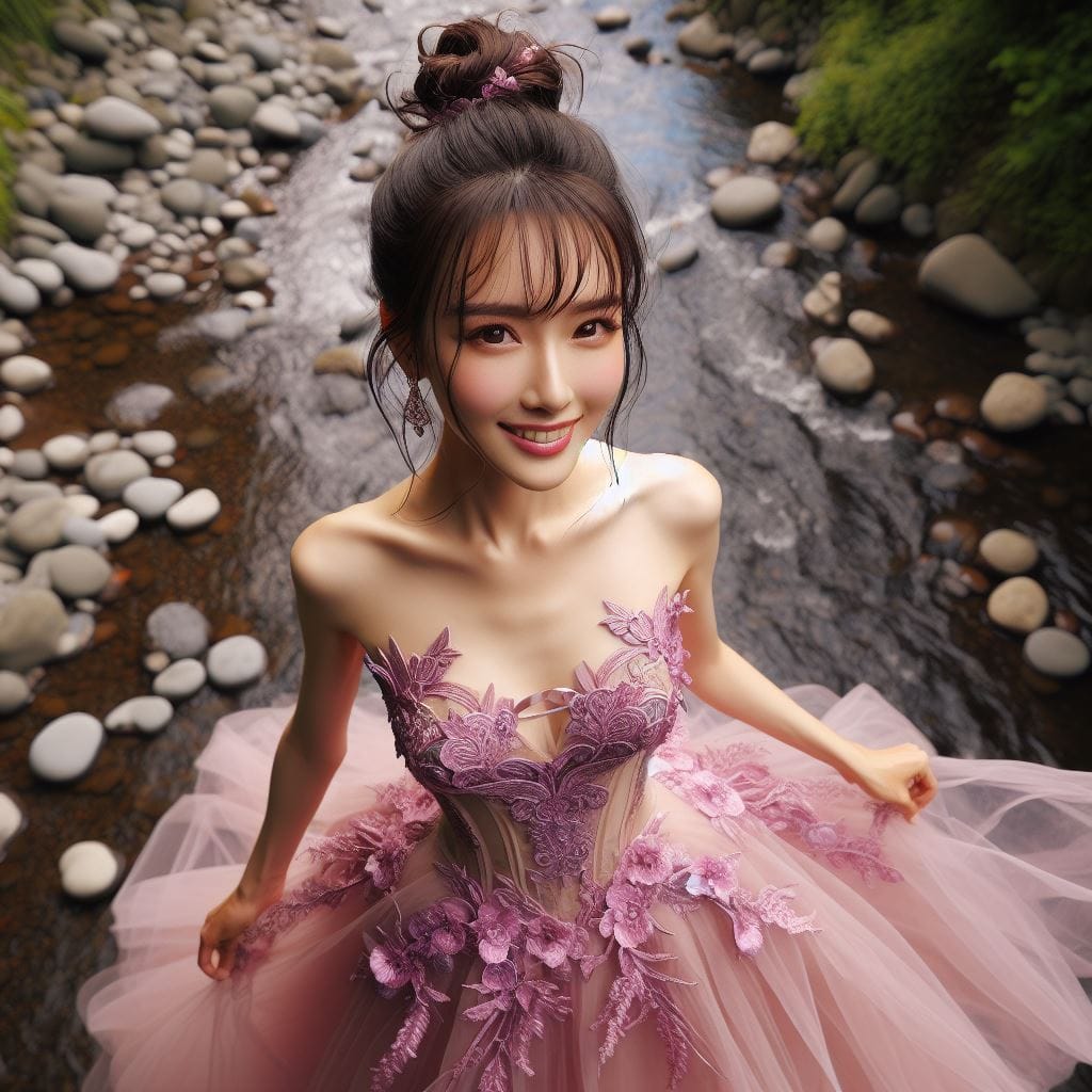 Japanese woman in purple and pink short gauze skirt dancing by the gravel stream
 – Larose.VIP