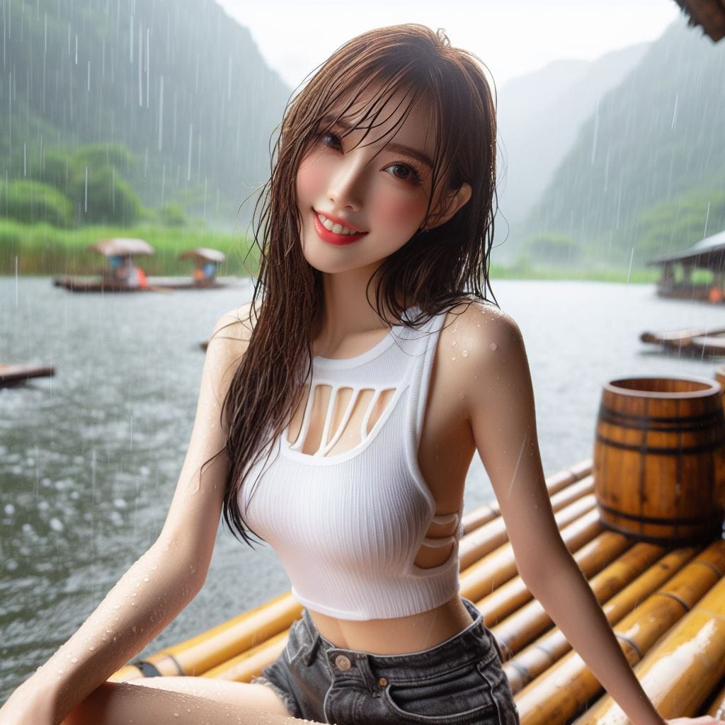 The girl went abroad and took a bamboo raft ride