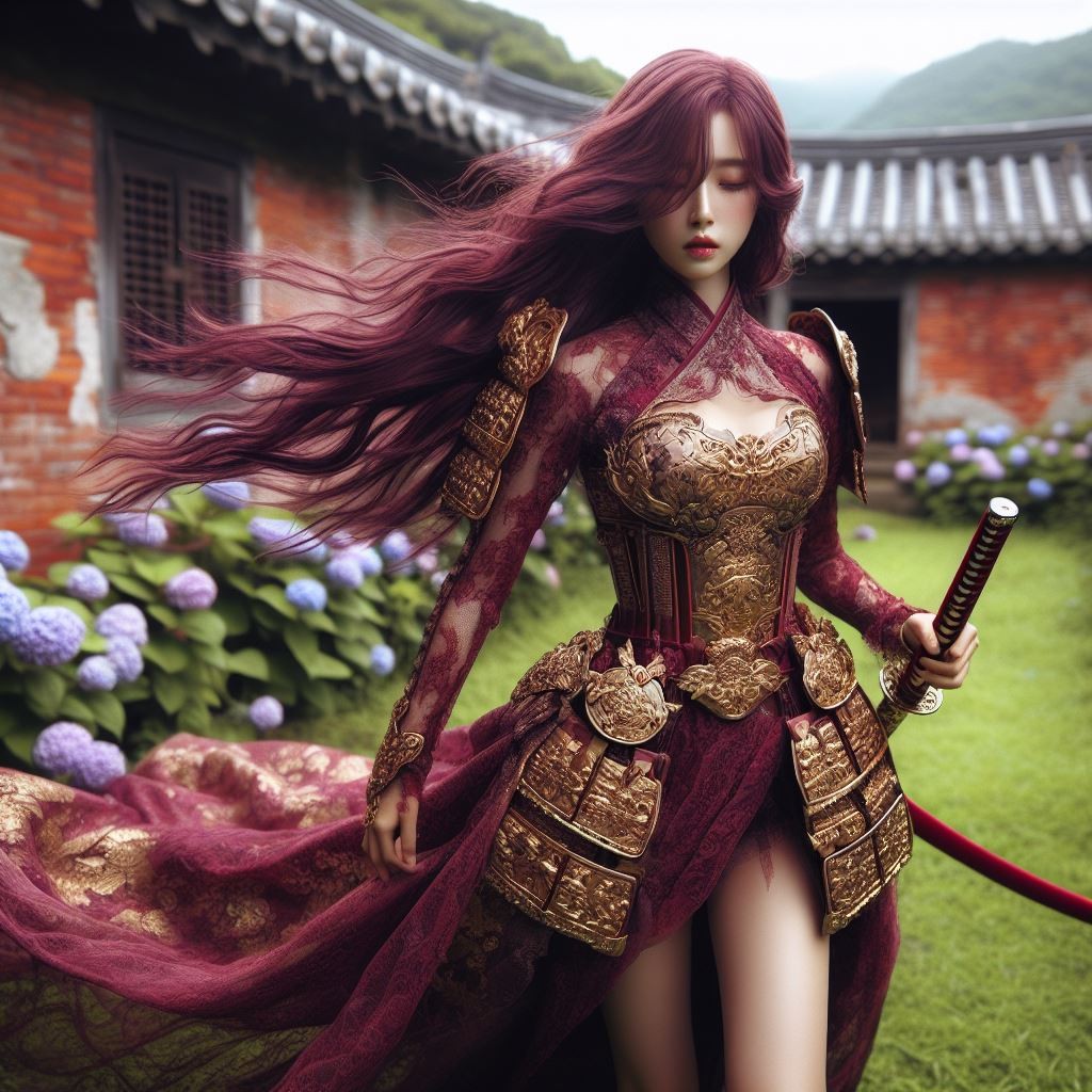 woman wearing gilded samurai armor
 – Larose.VIP